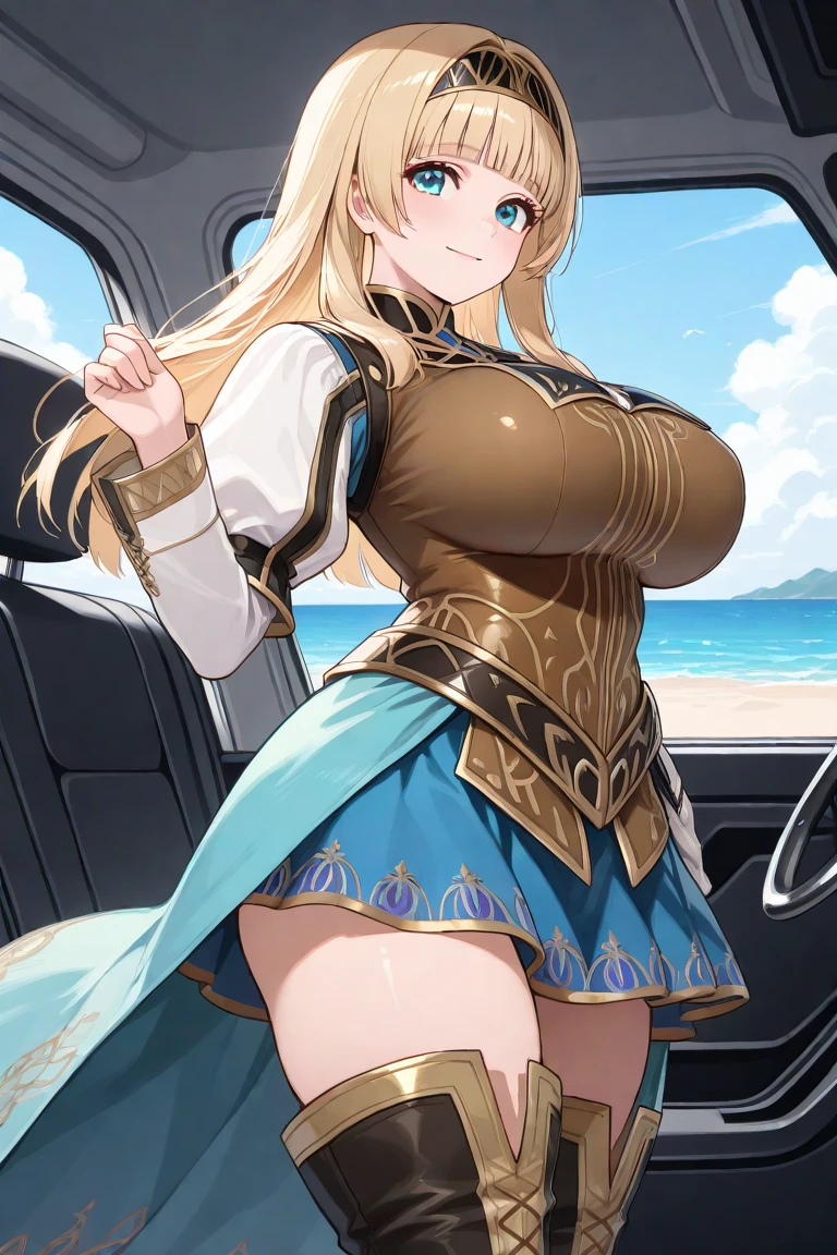 (masterpiece:1.2), (highest quality:1.2), perfect eyes, perfect face, perfect lighting, sunlight, outdoor, desert, 1 girl, blonde, yellow-green eyes, one eye closed, (((wavy hair))), bun_head, blunt bangs, medium hair, (transparent white bikini armor), cute eyes, closed mouth, ((from above)), ((front), wariza, ((grin)), spoken heart, (big breasts), arms behind back 