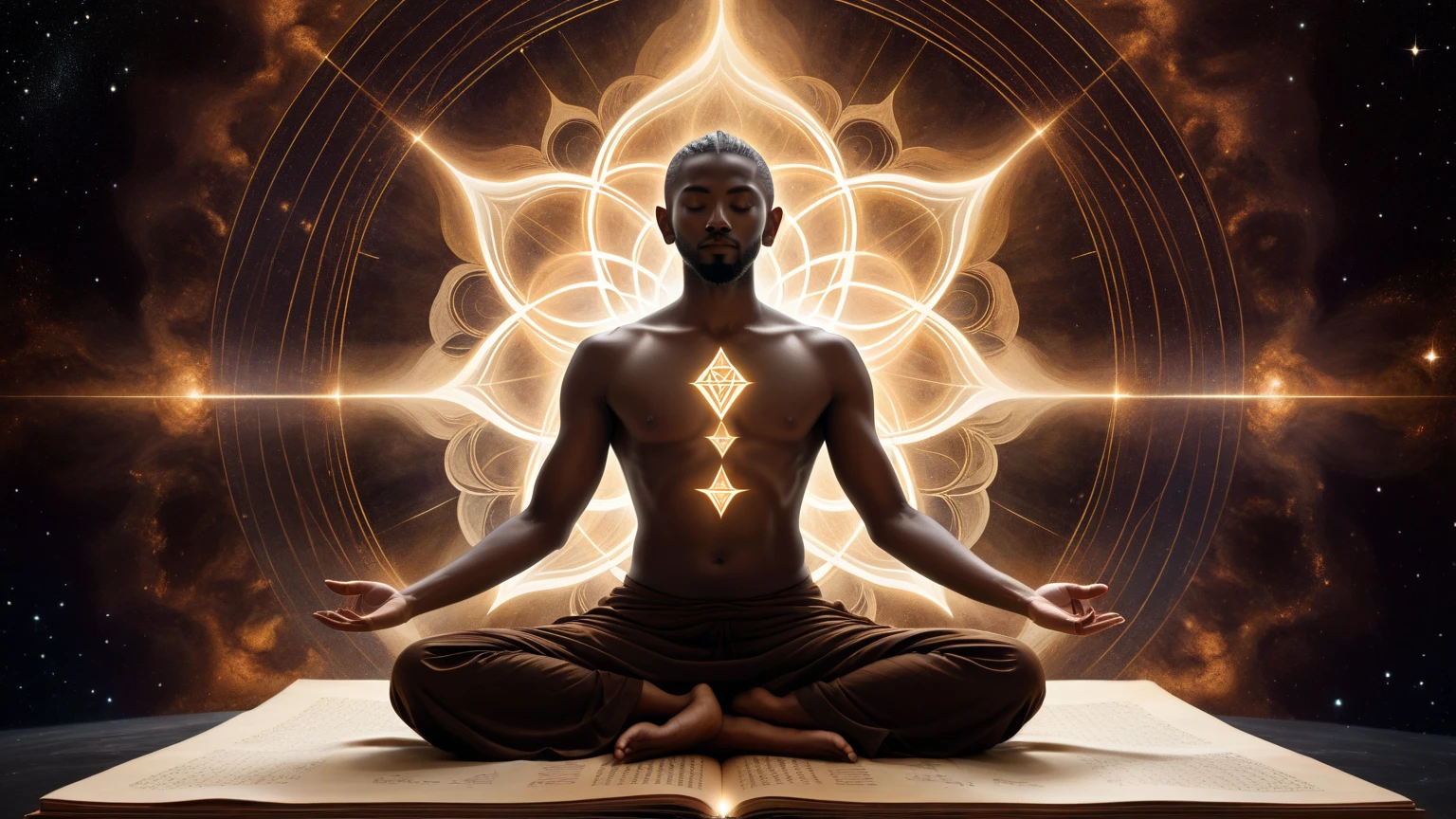 a man in a meditation pose, yoga, sitting, in connection with the divine, the planet Mercury in prominence, astral, capricorn horoscope symbol, chiaroscuro lighting, moody atmosphere, highly detailed, cinematic, dramatic lighting, atmospheric, photorealistic, hyper detailed, award winning, masterpiece, 8k, sharp focus, physically-based rendering, vibrant colors, intricate details