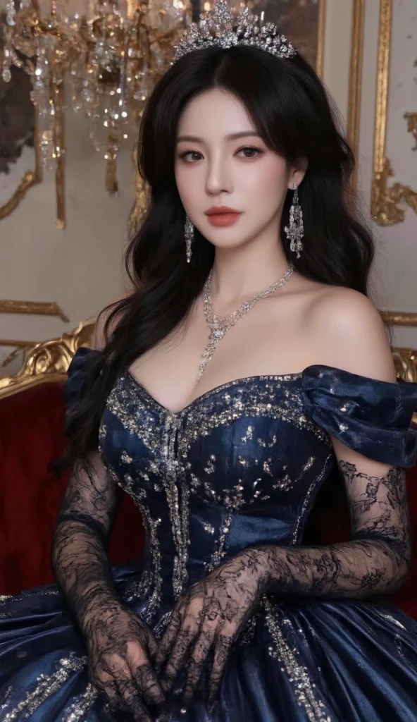 8K ultra hd, masterpiece, best quality, a beautiful girl, long hair, impressive hairstyle, royal hair jewelry, pretty cute face, flawless face, jewellery earrings, antique jewellery, details eyes, beautiful eyes, meticulous makeup, thin eyebrows, beautiful red lips, medium breasts, royal dress, purple dress, light purple laces, ralistic colors, magic effect, night background, look directly at the audience, sitting poses,