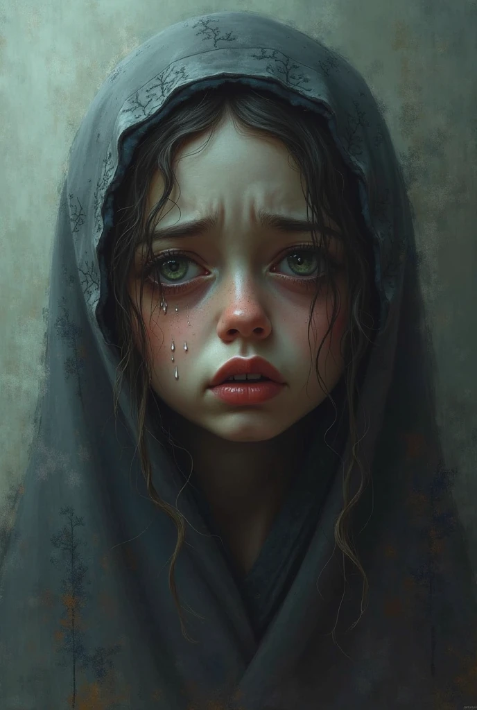 (emotional portrait, sorrowful expression), chiaroscuro, tears in eyes, soft light, on a dark background, (a shawl covering head:1.2) , a hand supporting the face, a sad expression, religious connotation.