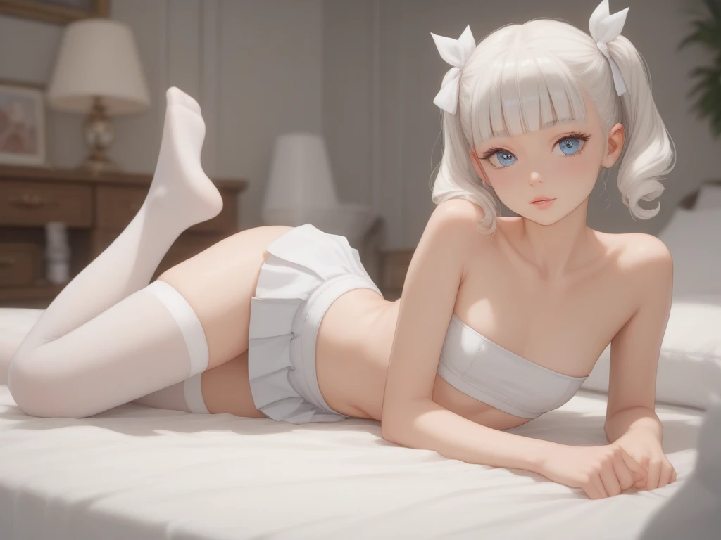 top quality, 8k, masterpiece, white hair, g Top quality, 8k, masterpiece, white hair, g top quality, night, dim lamp, bed, masterpiece, white hair, golden eyes, white cheongsam, medium hair, volume perm, open dress, miniskirt, cleavage, sitting down, No panties, pubic area exposed, hard nipples, legs open, looking at the ceiling, mouth slightly open, drooling a little, fair skin, white breath, side braids, red face, shot from below, blurry background