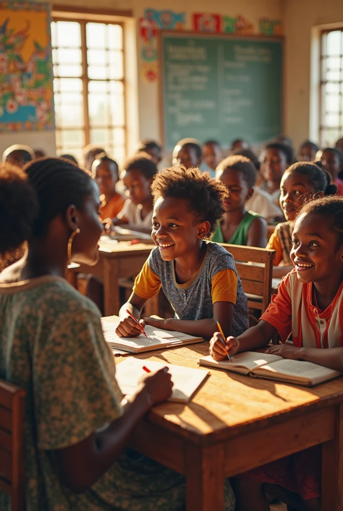 A picture of students in Kenya angry with a sudanese student with body markings and pierced earlobes in a classroom