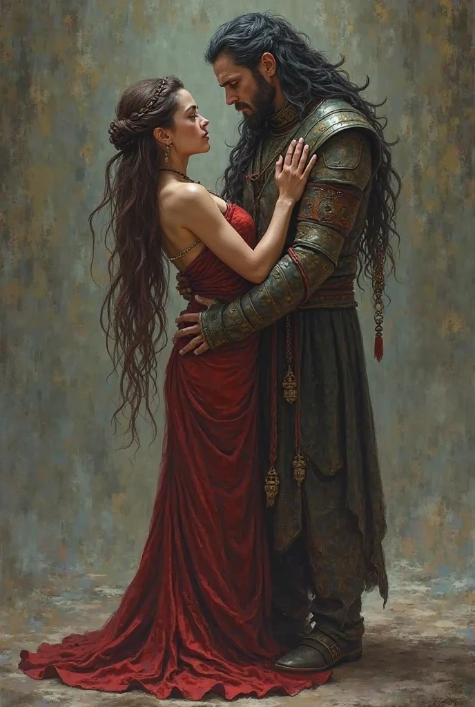 Cadre : un cachot sombre avec des barreaux a une fenetre.
Fille: Elle a les cheveux long rouges et ondulés avec une couronne de fleurs elle est a genoux sur un matelas au sol effrayé avec une chaine qui est autour de sa cheville et ses poignets sont liés par une corde de soie rouge et les yeux bandees avec un bandeau en soie rouge pour pas qu'elle ne s enfuie elle a une robe blanche
Homme : il a les cheveux noir et long il leve le menton de la jeune femme d un air rassurant mais ferme mais ferme il avait du desir pour elle il est Italien . Il etait habillée comme un seigneur du Moyen Age et dans sa ceinture il a une épée