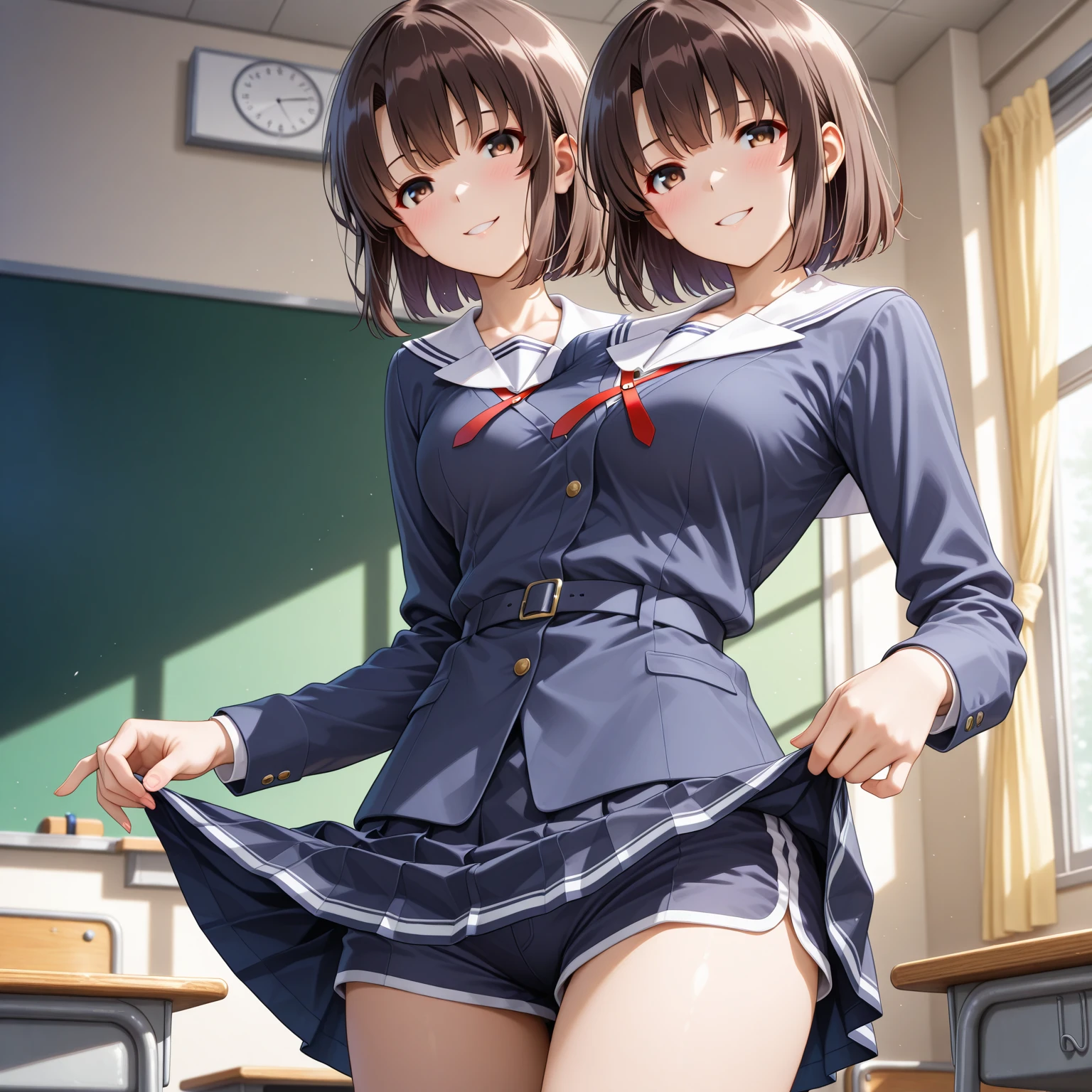 Highest quality, masterpiece, High resolution, alone, {inazuma_Fleet Collection}, brown_hair, Folded_ponytail, brown_eye, length_hair, Open_mouth, smile, School_uniform,skirt,Pleats_skirt,((Flat Chest, Small breasts, flat chest)), show off panties, (panties),