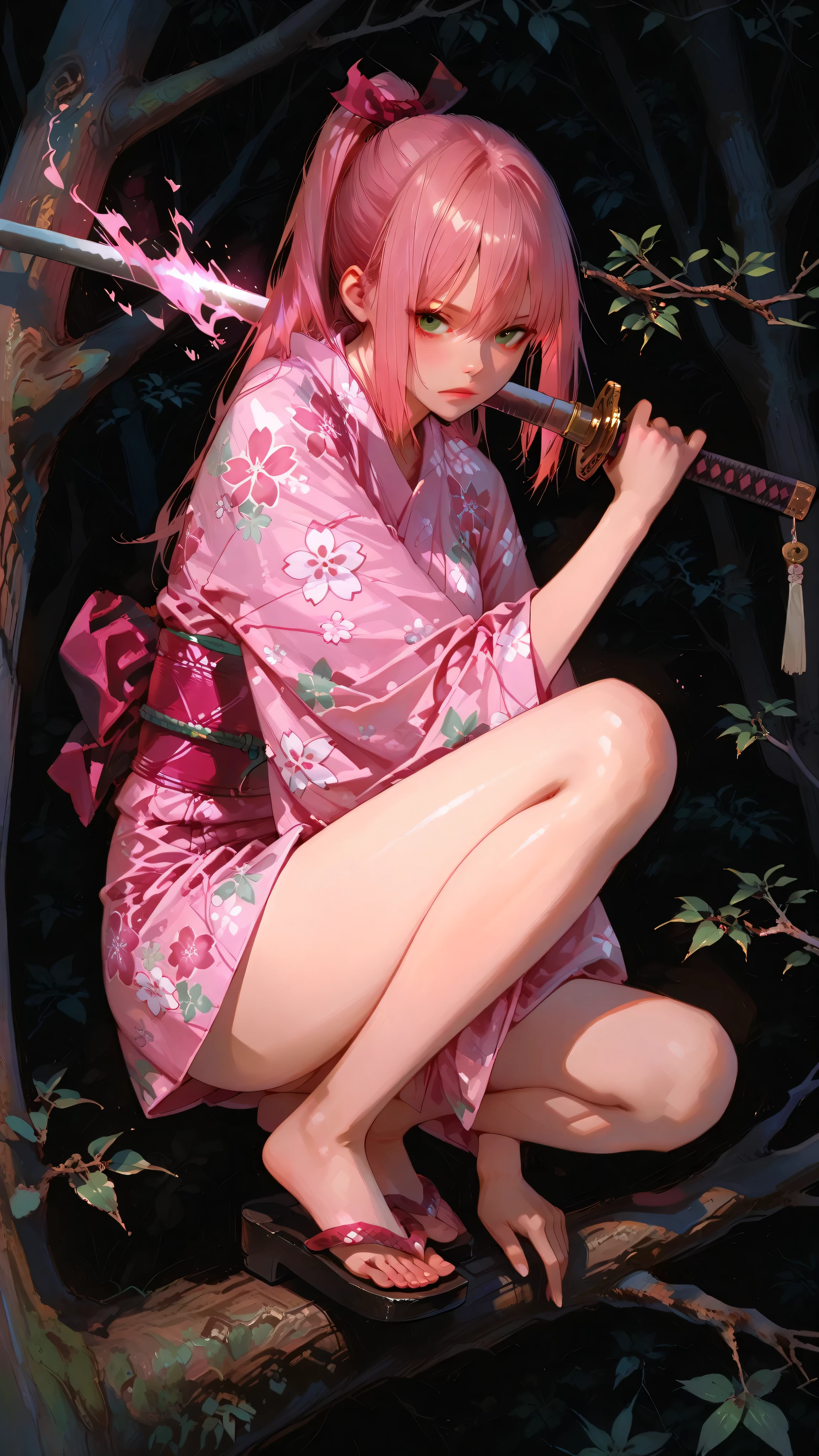 748cmstyle, anime girl, perfect hands according to anatomy, 5 fingers, perfect legs according to anatomy, 2 legs,
realistic shadow quality, realistic reflection quality, Realistic light quality, masterpiece, High Quality, High Quality, High quality eye detail, very aesthetic, Newest, Detailed Scenery,
Masterpiece , newest , vibrant , very aesthetic , high contrast , mature woman , sakura haruno , light green eyes , pink hair , high ponytail long hair , pink thight yukata (blue floral motif) , naked underneath , clogs , full body , expressionless , sharp eyes , squat on a tree branch , holding katana , attack , jump , spin on the air , slash , pink flame around , night on the deep forest , best quality , semrealistic , cowboy shot , boruto next to generation anime style , looking at viewer , full body view