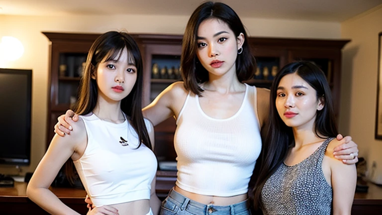 RAW photo, extremely delicate and beautiful, masterpiece, Best Quality, ultra high resolution, 16k, hyperrealistic, ultra-detailed, Very detailed CG 8k wallpaper, Beautiful Lighting, Perfect Lightning, Realistic Shadows, perfect anatomy, super Detailed skin, perfect figure, Japanese woman, in her 20s, very Slim body, narrow waist, very small head, handsome detailed woman, very detailed eyes and face, realistic face proportions, Stunning detailed eyes, Realistic beautiful face, very small face, Realistic small beautiful eyes, double eyelids, makeup, tearful mole, mole on chest, earring, bare legs, beautiful and very thin legs, beautiful and very thin thighs, (very huge round breasts:1.3), short hair, wavy hair, sweat, (3 girls:1.5), (crop top T-shirt:1.3),
