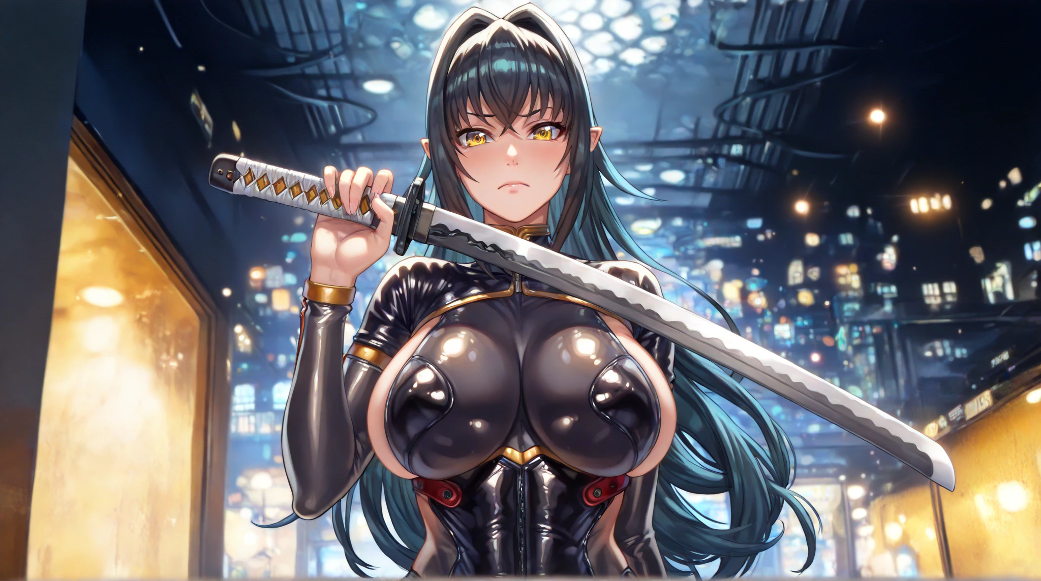 Annerose, 1girl, female mature, black hair, long hair, yellow eyes, large breasts, skin tight, hair intakes, (exquisite character details, beautiful lips, beautiful yellow eyes, beautiful face, extremely detail unity 8k wallpaper, (solo:1.5), extremely detail church as background, tight pussy