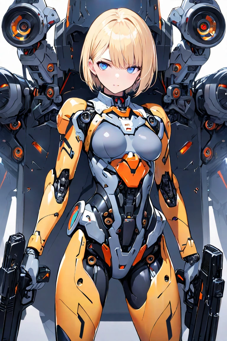 A beautiful young woman (Scarlett Johansson, age 25, Dressed appropriate to the scene) is a mecha pilot wearing an electronic sexy skinsuit, she is posing leaning against the leg of her large mecha (Labor unit, yellow and orange paint scheme, retractable tools), set in downtown future Tokyo