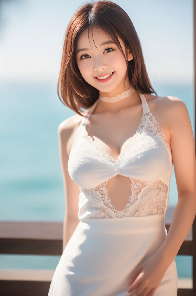 (hyperrealistic), (illustration), (high resolution), (8K), (extremely detailed), (best illustration), (beautiful detailed eyes), (best quality), (super detailed pussy), (masterpiece), (wallpaper), (detailed face), solo, (leaning forward:1.5). (dynamic pose), 1 girl, (full body), heterochromic eyes, (lace trimmed summer mini dress), (perky uplifted breasts:1.2), (blush1.2), (blunt bangs), (long hair cascading behind her both ears), long legs, tightens abs, (camel toes), (no panties), (no bra), (at beach side), (dynamic angle:1.3)