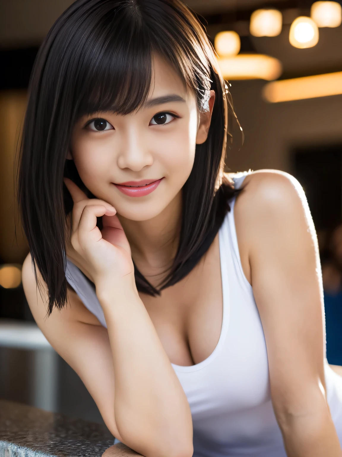 highest quality、Realistic、girl、zoom、cute、Grey Eyes、Black Hair、the forehead is protruding、short hair、Tank top、Shorts、Looking down、smile、Bust Shot、thin、Small breasts