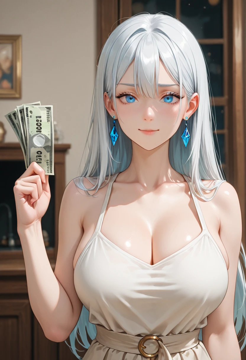 1girl, green eyes, white latex dress, close up, cleavage, big boobs, soft abs, very long light purple lilac hair, extremely detailed, piles of money in background, bags of cash in background, dollars falling in the air, standing in bank, money everywhere