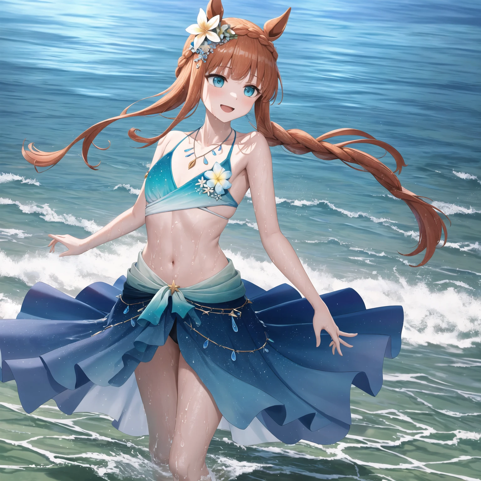 masterpiece,realistic, <lora:silence suzuka:0.8>,1girl,silence suzuka (umamusume),silence suzuka(Swimsuit),horse girl,horse ears,horse tail,orange hair,green eyes,hair flower,hair_bun,crown_braid,sidelocks,necklace,swimsuit,aqua_bikini,bracelet,armlet,sarong,midriff,sandals,anklet,jewelry,solo,beach, ocean,on water,arm behind back, light smile, sunset,