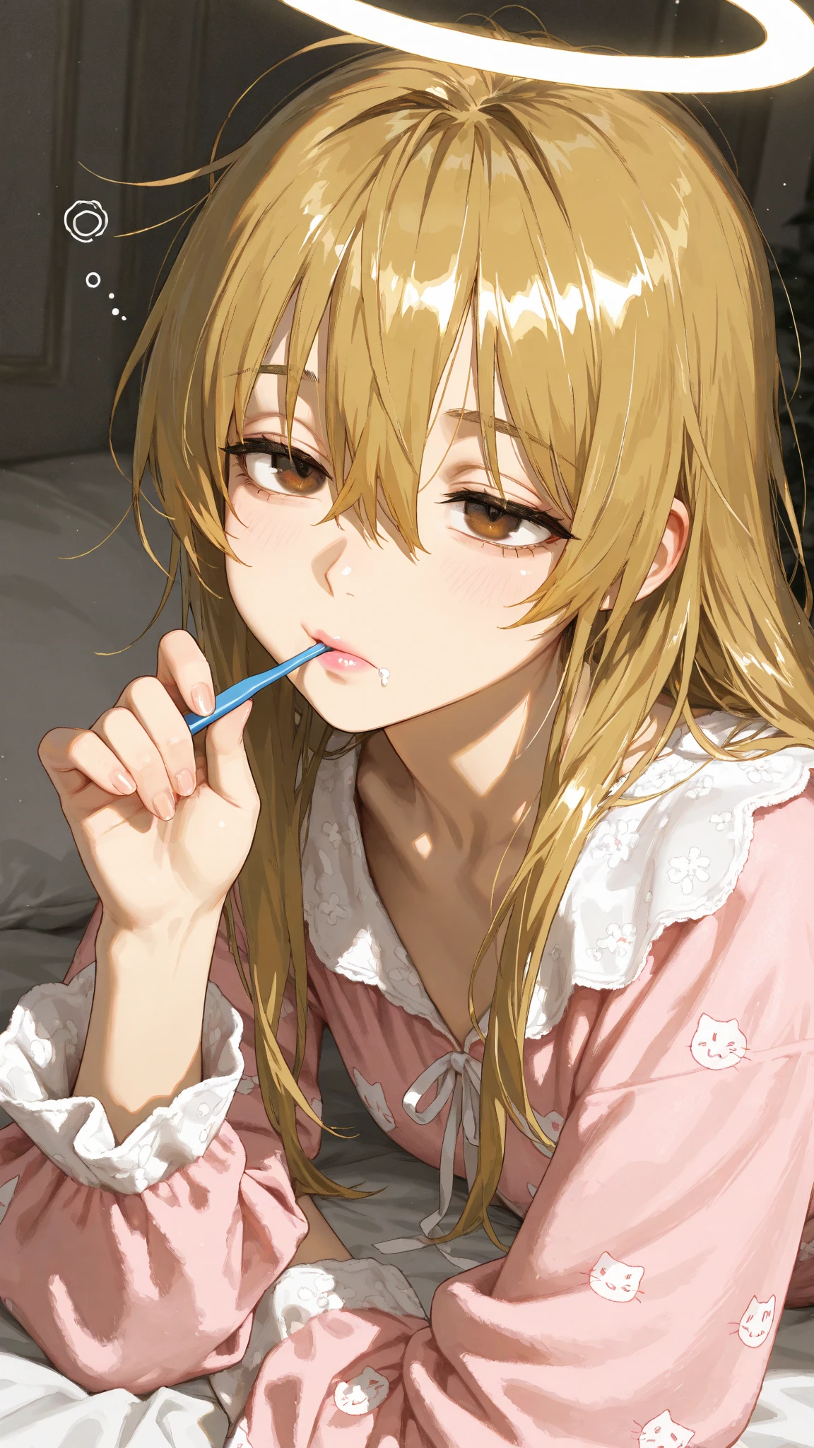 1girl、(((best quality)), ((masterpiece)), (details), masterpiece, best quality, high quality, ulutra detailed, perfect face, ((1girl, blond eyes, tiger ears: 1.3 blond long hair: 2.5,Mole under left eye:2.0))、Shiny Hair、Glowing Skin、Lustful look、pajamas、pajamasの短パン、night、Brushing your teeth、sleepy、Washroom