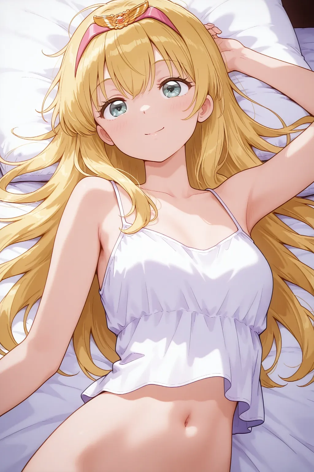 Masterpiece, (Best Quality), Alone, (Young Woman), Solo, Blonde Long Straight Hair, Big, Dog Ears, (Golden Eyes), (Pajamas with green and white stripes), Barefoot, Smiling gently, Slightly open eyes, Sweating a lot, Holding her stomach with both hands, (Sleeping on her back), ((Very dark)), (Midnight Room))), On the bed, (Image of only the upper body)