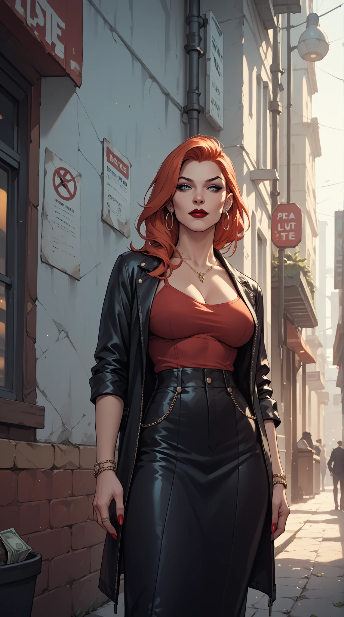 Retain most of original image features. Produce image in highest resolution. Adjust breast to look ore natural with better cleavage. change glove style. Keep clothing exactly the same. Add cityscape background. Retain body proportions. Keep hair exactly the same.