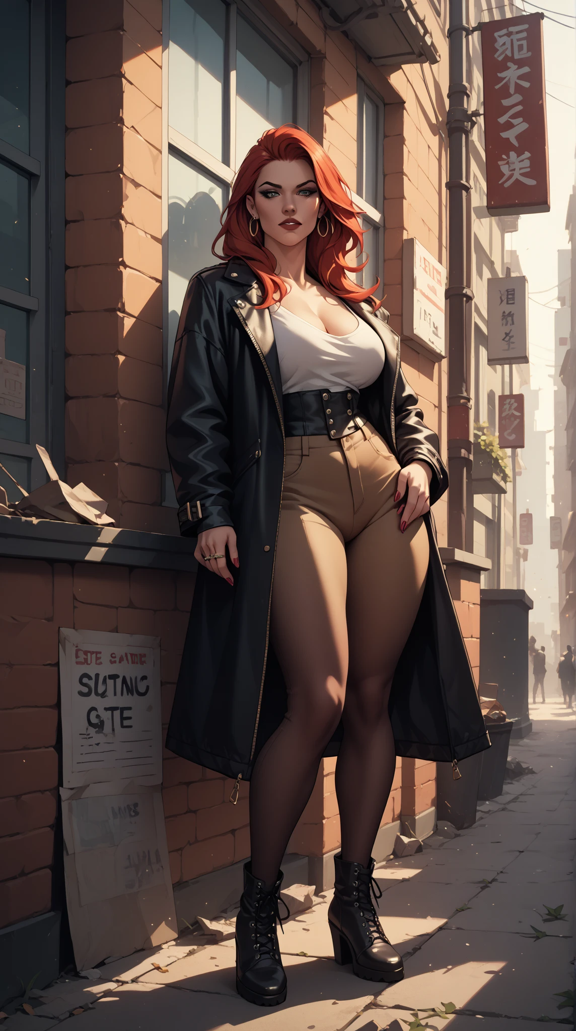 nophica, 1woman, red hair, (green eyes), green necklace, (sfw), ((motherly)), curvy, milf, (black turtleneck:1.4), ((brown trench coat)), slacks, RAW photo, best quality, high resolution, (masterpiece), (masterpiece), (photorealistic), professional photography, sharp focus, HDR, 8K, intricate detail, sophisticated detail, hyper detailed, (bokeh),half body, female focus, night, paris, street, particles, ((blurry_background))