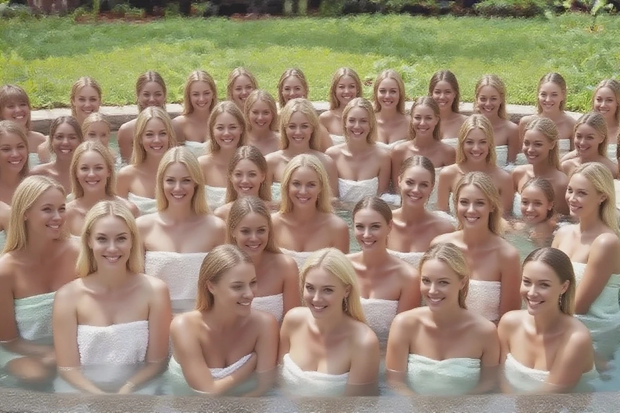 10 women nude in a bedroom.