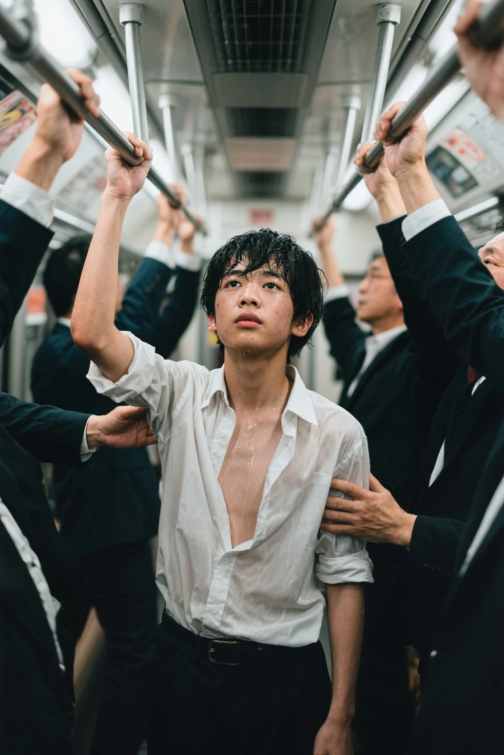 Real photo style、Realistic、Cute handsome man、Idol face、、Japanese、Slim body、Mash Hair、Torn and open shirt、Six-pack、A crowded train、Colorful thin boxer briefs、The old man next door puts his hand inside his briefs、Being touched all over the body、Old man grabs bulge in boxer briefs、The old man next to me touches my boxer briefs、Sad look