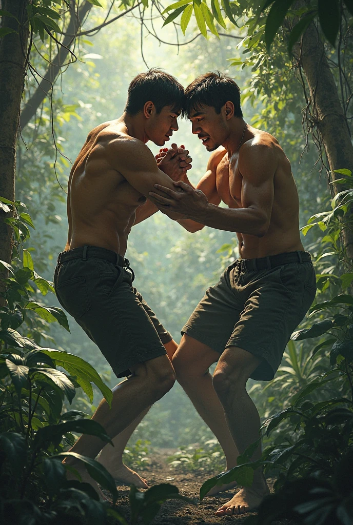 A young, muscular white man in tight underwear is fighting against a muscular Asian man in the forest. 