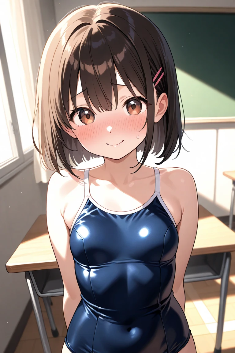 ceiling, sit astride, girl on top,
((school swimsuit)), Highly detailed glossy skin, Dark blue one-piece swimsuit, (Swimsuit with wet and shiny details: 1.2),
very long twin tails, brown hair, (((no constriction, Dim body)))
evil grin, Crab crotch, Extensive_feet,