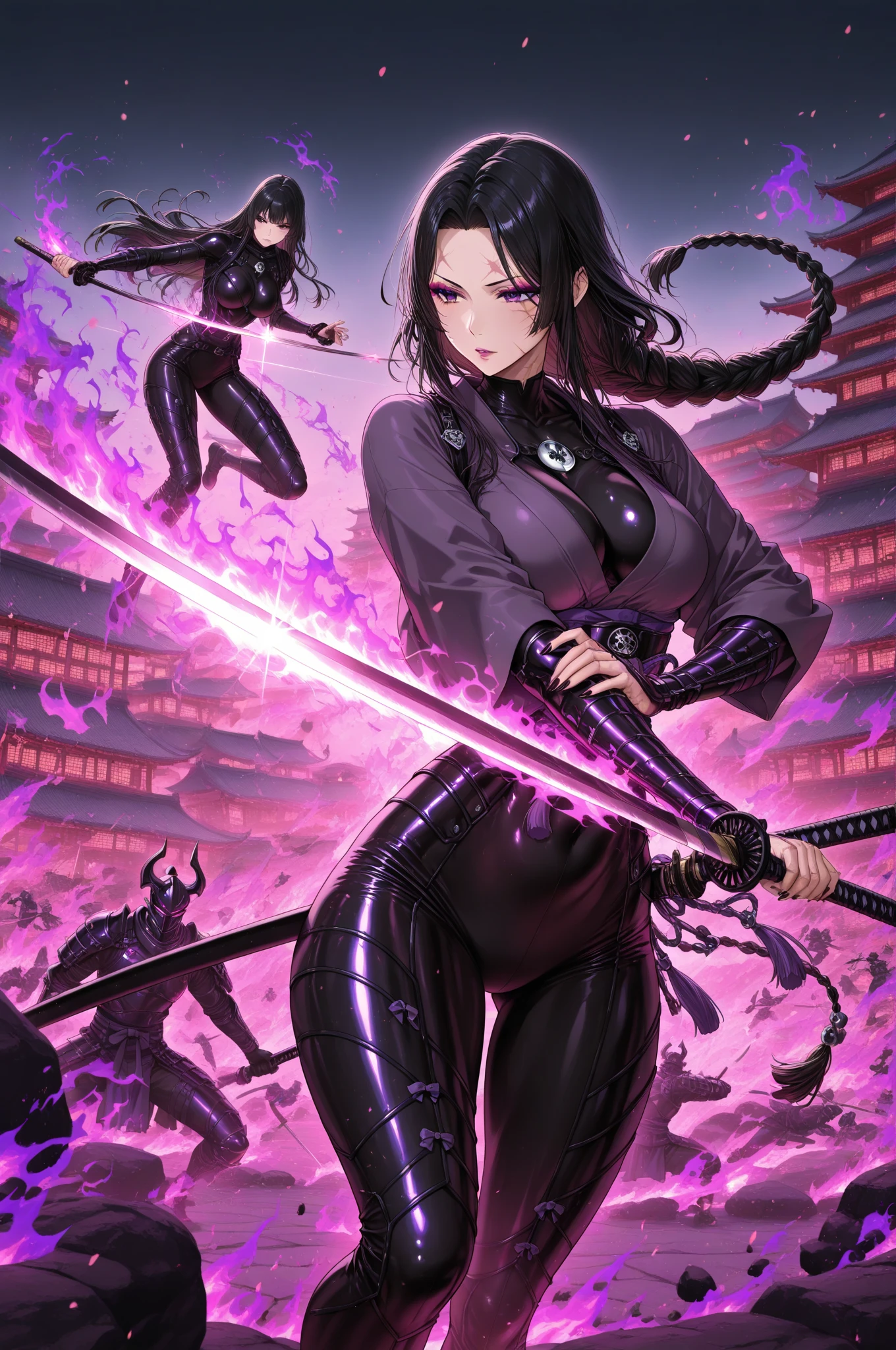 (((Tenjo Tenge))), battle scene, two female warriors, black-clad death gods