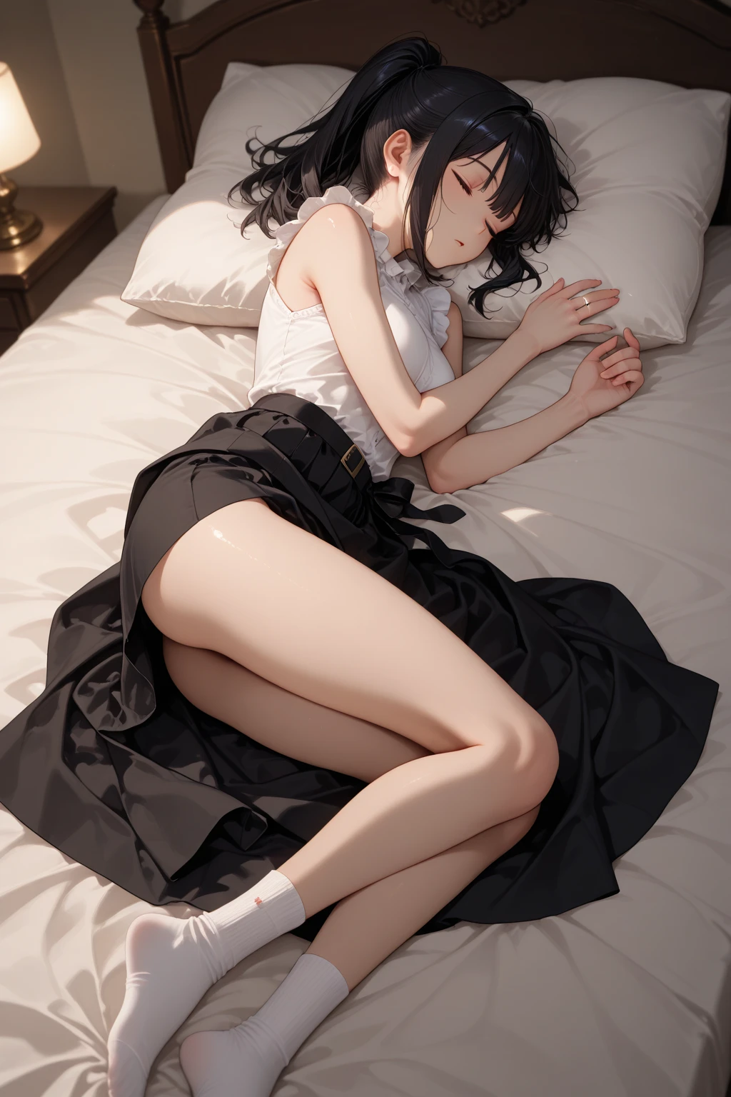 1woman, Young woman sleeping, dark room, moonlight, cold weather, full body, wide angle, shot from above, blanket, warming up by fire, cool tone image, thai university uniform, white short-sleeve shirt, black tight mini skirt, brown suede belt, metal shirt buttons, metal modern plate belt buckle, best quality, high detailed, masterpiece, 8k, superrealistic, emphasize thigh hip bottoms, pantylines, transparent shirt:1.2, black bra:1.2, torn skirt, medium breast, slim and perfect figure, perfect body proportion