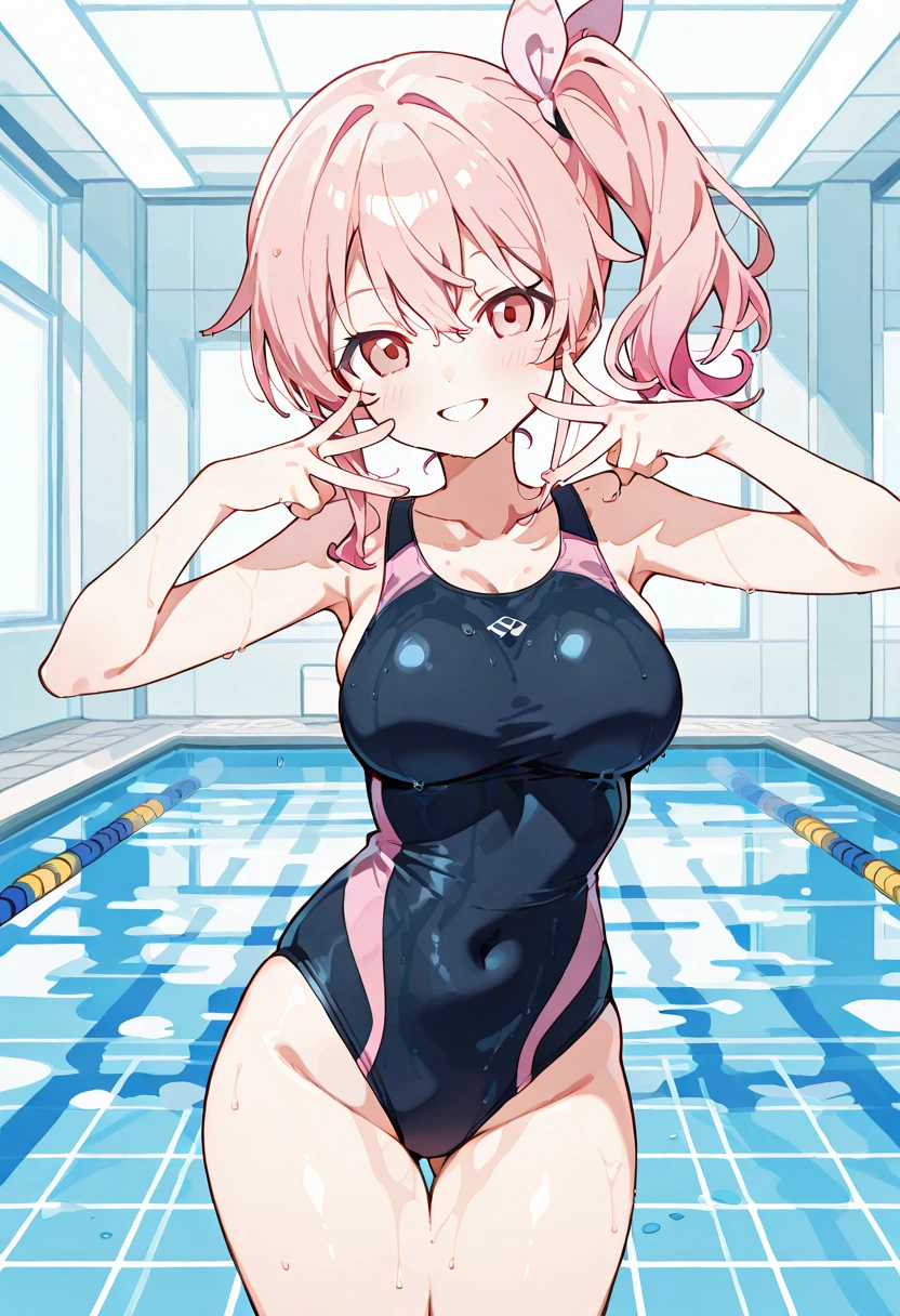  (masterpiece, best quality:1.2), (((anime style))), 2d, solo, 1girl, aamika, yellow eyes, ponytail, hair bow, (delicate eyes and face), bashful, medium breasts, looking at viewer,  (full-face blush), embarrassed, BREAK, cowboy shot and knee, Slender beauty, transparent white competition swimsuit, cameltoe, nice hands, perfect hands, Recurve the body, wriggling the body, Wet texture, reinopool, pool, indoors,