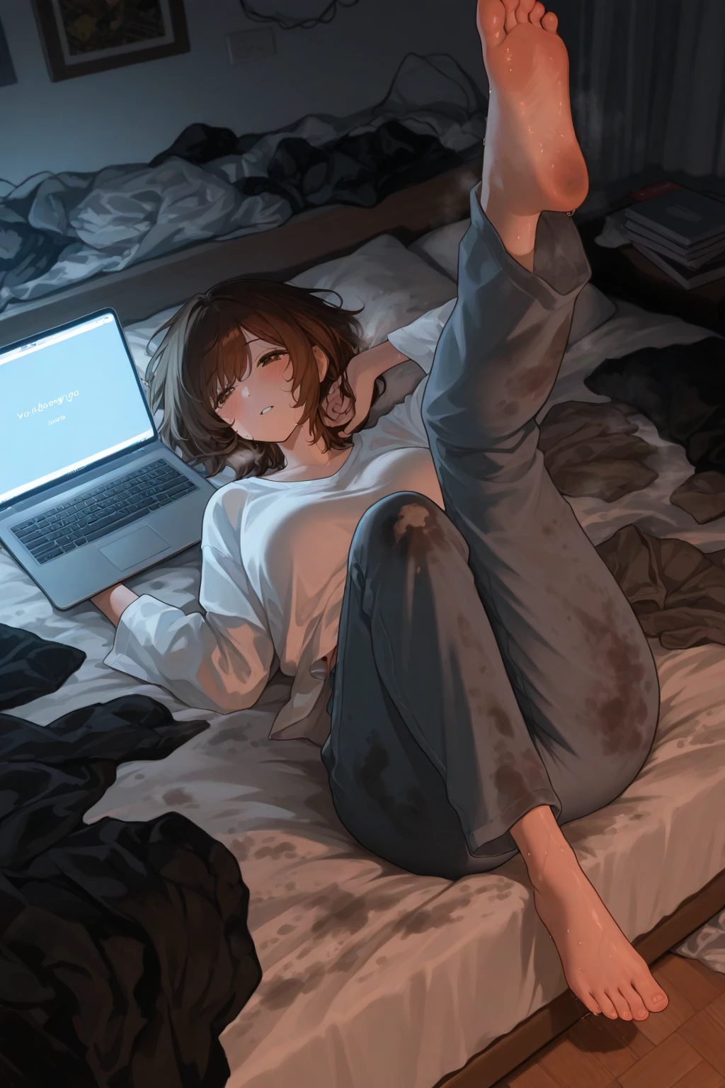 masterpiece,high quality,highres,1girl,mature female,steaming body,long sleeves,pants,<lora:bed-2-wasabiya:1>,bed,sex toy,vibrator,dildo,lying,on back,condom wrapper,condom packet strip,phone,pen,notebook,laptop,camera,cup,bottle,purse,