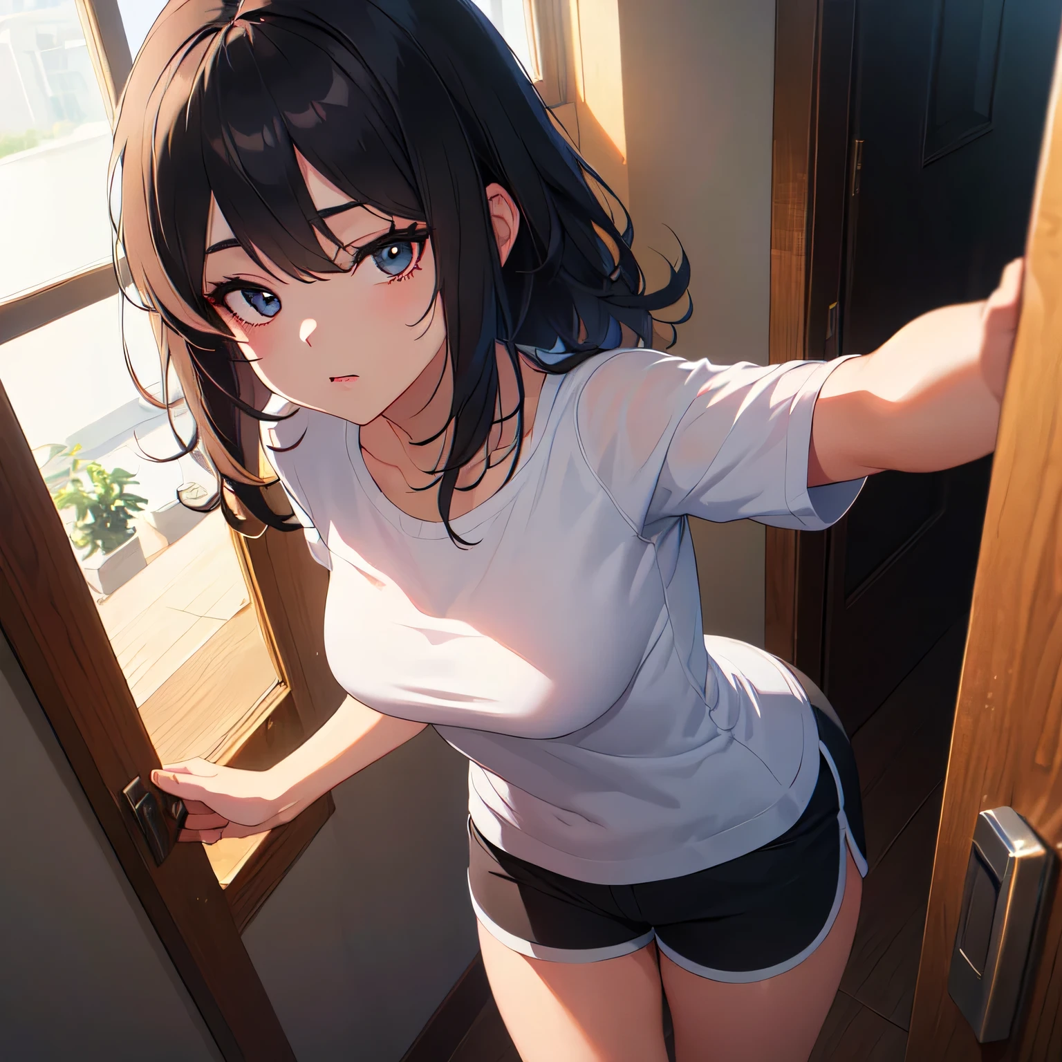 (​masterpiece、top-quality、hight resolution、photos realistic、real looking skin:1.1)、(1loli:1.5)、(12year old:1.5)、chiquita、short stature、独奏、full bodyesbian、(very small breasts:1.5)、Beautiful eyes、Shining eyes、embarrassed from、short ponytail、no bra、Chest Pochi、(Sheer white tank top:1.5)、(Fully exposed panties:1.5)、is standing、(arms behind back:1.5)、(Bedroom at night:1.5)、(Girls' Pants:1.5)、nsfw