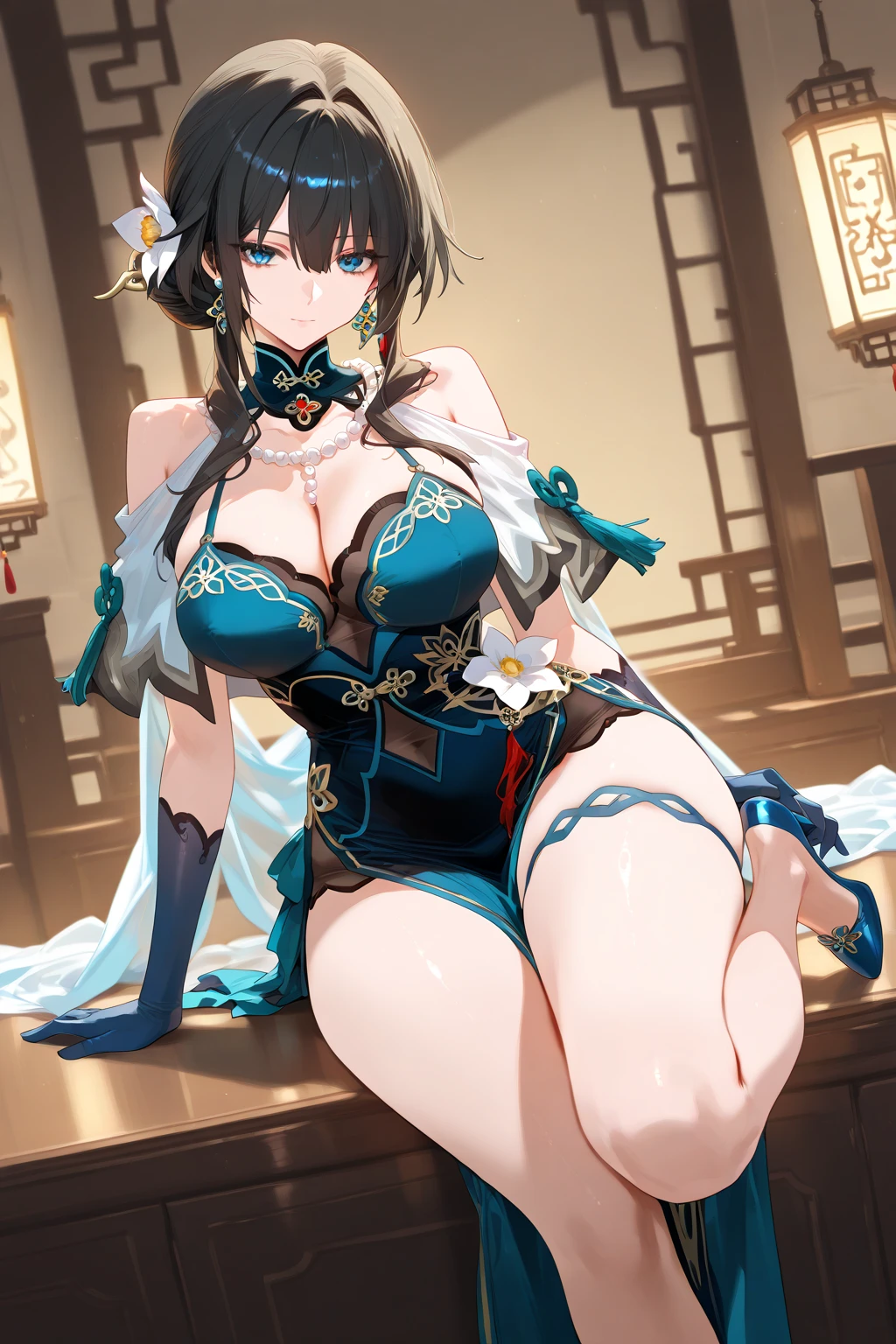 Adult woman, navy blue hair, The ends of gray hair, hairlong, beautiful hairstyle, hair ornament, white eyes, Chinese Clothing, Ornaments, Rings, Heels, Ancient Chinese themes, looking a viewer, Happy smile, overhead view, Lies on the money, gold coins, A mountain of money, Fantasy art, Beautiful painting of characters, Works of art in the style of Guvaika, epic exquisite character art, stunning character art, Beautiful rich Woman, perspective, really happy, closed eye, overhead view(reference sheet:1.5)