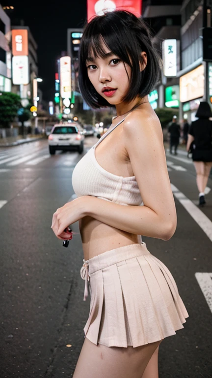 (8k, RAW photo, best quality, masterpiece:1.2), ultra detailed, ultra high res,an extremely delicate and beautiful, extremely detailed, Amazing, finely detail, huge file size, official art, extremely detailed CG unity 8k wallpaper,1girl, short hair, (23 years old:1.2), cute girl, chinesse japan oriental look, sexy look, kawaii,realistic body, ,(white shirt,mini whiteskirt), outdoors, daylight, neon city, neon light, neon sign, public crowd,dynamic lighting, cinematic scene