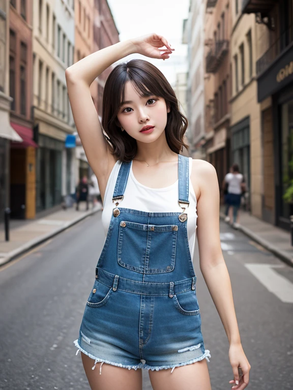 1 girl, indonesian girl, 23 years old, (black hair super-long 1 meters), (beautiful hair), actress, smile, shiny skin, best quality, masterpiece, (photorealistic:1.4), terrace seating, asian, indonesian, jakarta, denim long skirt (realistic fabric), white short sleeves (cotton fabric), (no logo), thin fingers