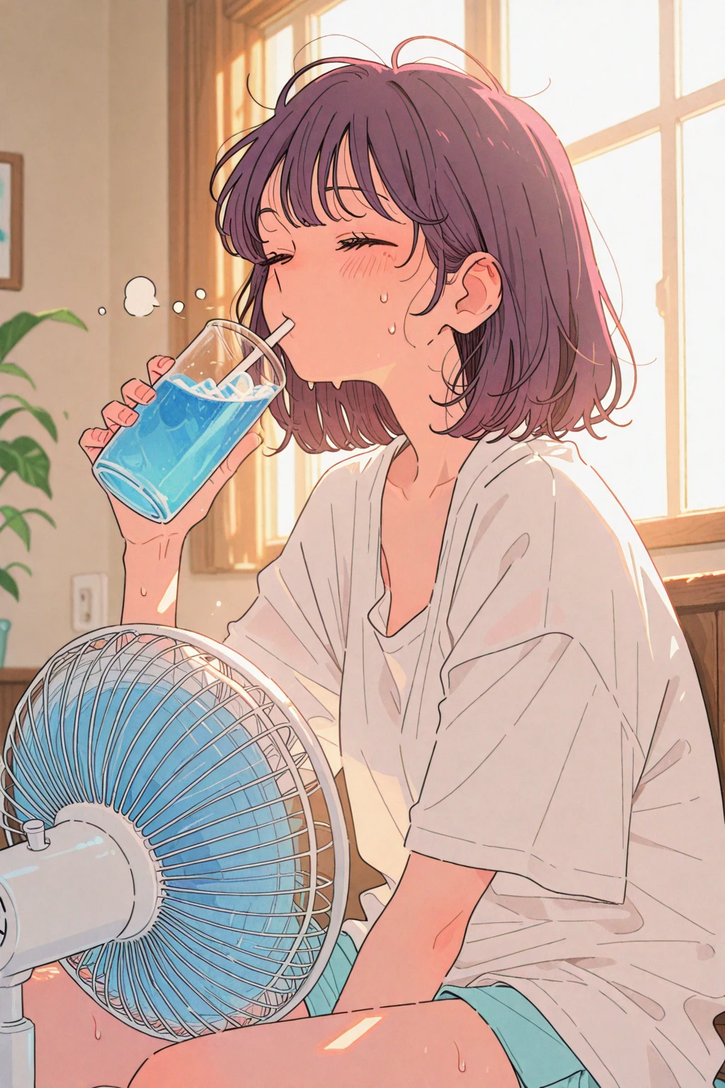 Short-haired boyish girl drinking water、White tightTI'm wearing a shirt