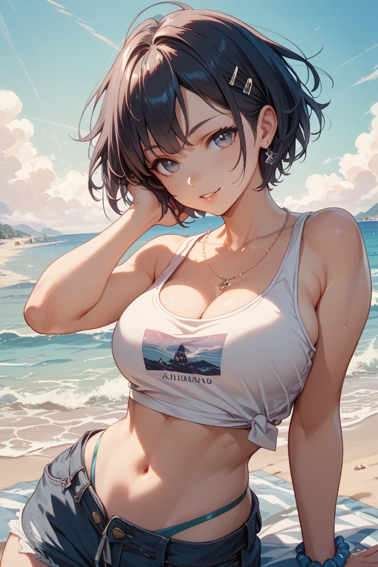 masterpiece: 1.2, highest quality, 16k, ultra-realistic, photorealistic: 1.37, beautiful detailed, cute girl, sitting in wariza on the sunset sandy beach, (white t-shirt, the hem is tied above the hips:1.2, denim shorts), middle breasts, Shiny jet black bob cut, through bangs, shining rosy lips, beautiful and delicate (hair, face, lips, hands, under boob, navel, thigh), Perfectly proportions body, cute realistic face, 