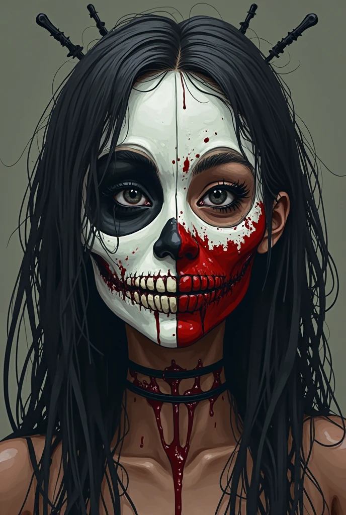 (best quality), (top quality), (dark), (whole body), (melancholy), (sadness), (agony), (terror), (horror), (black and white) woman wearing a halloween mask, holding a blood-stained chainsaw.