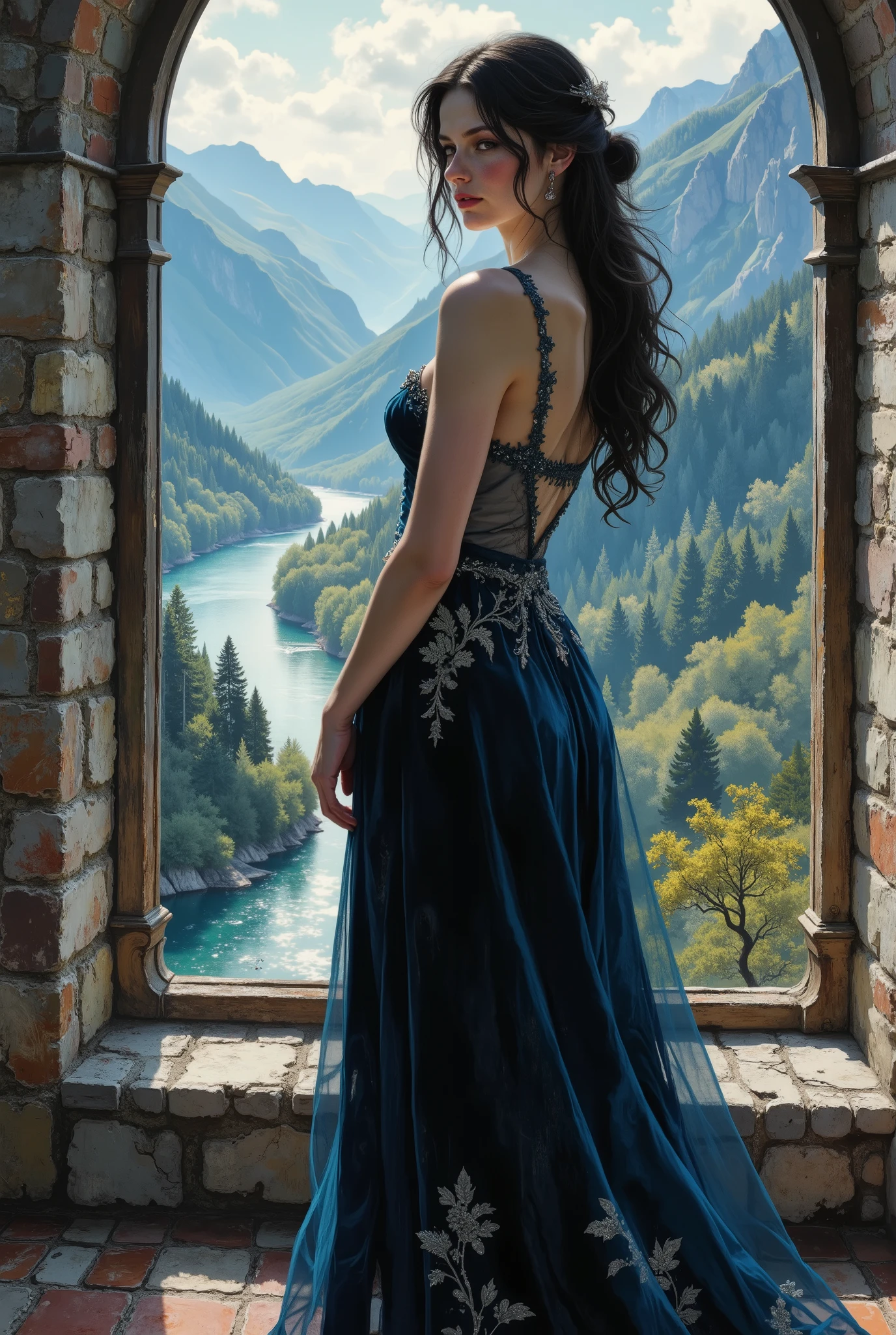 portrait of a young incredibly beautiful woman in the style of Gothic romanticism. She stands with her back to the viewer, arms raised, in a Gothic old castle, high in the mountains, next to a large arched window that offers a breathtaking view of the fantastic valley below. Her posture and gaze convey a feeling of quiet melancholy and longing, as if she is waiting for someone. She is beautiful, with shiny jet-black long hair styled in a quirky and elegant manner. She is dressed in an intricate flowing Gothic velvet navy blue couture dress with delicate transparencies, adding a touch of provocative appeal while maintaining an exquisite sophistication. The dress is decorated with precious silver embroidery and lace. The dress subtly accentuates her figure, creating a sense of restrained but refined sensuality. A wide river meanders through the valley, surrounded by majestic mountains covered with dense forest, Gloomy forests. The atmosphere is permeated with a mood of sadness and longing, with the interior of the castle decorated in dark tones, rich tones, and shadows. The lighting is dramatic, perhaps with moonbeams or scattered sunlight adding to the atmosphere of mystery and loneliness. The woman is in a state of sadness, immersed in thoughts, perhaps waiting for her beloved prince.