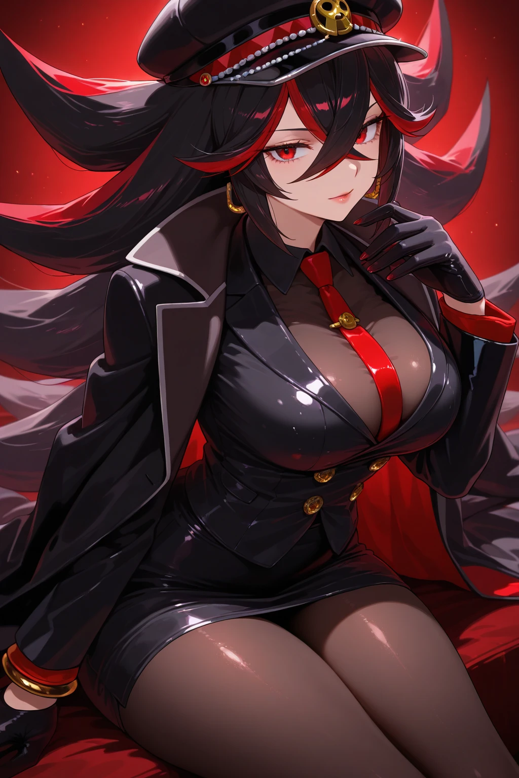 girl, red eyes, wavy black hair. wear green black uniform, arrogant, independent woman, kind smile. background in luxury mansion. she is noble