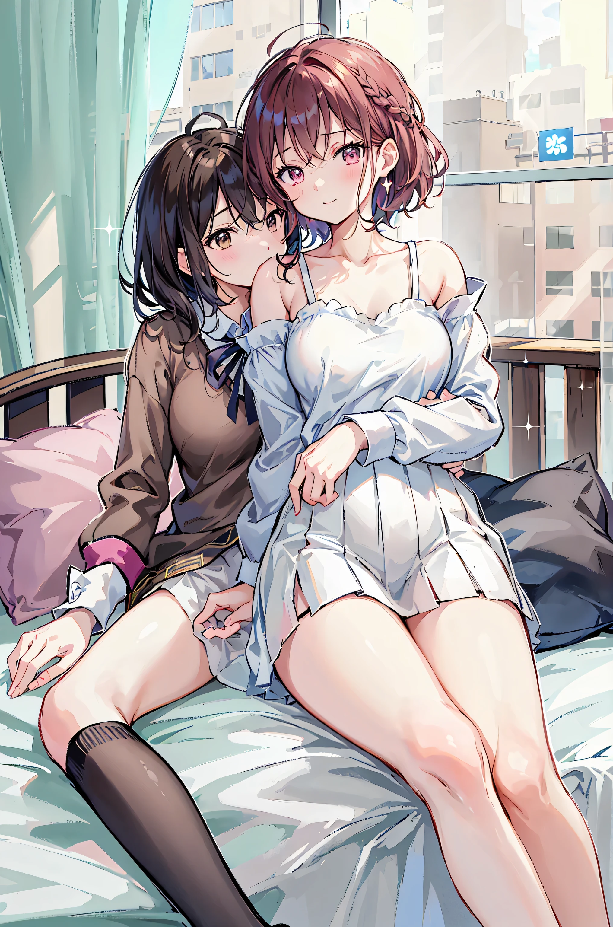 Two brown-haired women,Open-chested clothing,Lakeside,Unbuttoned,They are hugging each other,Midnight,Adult atmosphere,Dimly lit room,Lying down