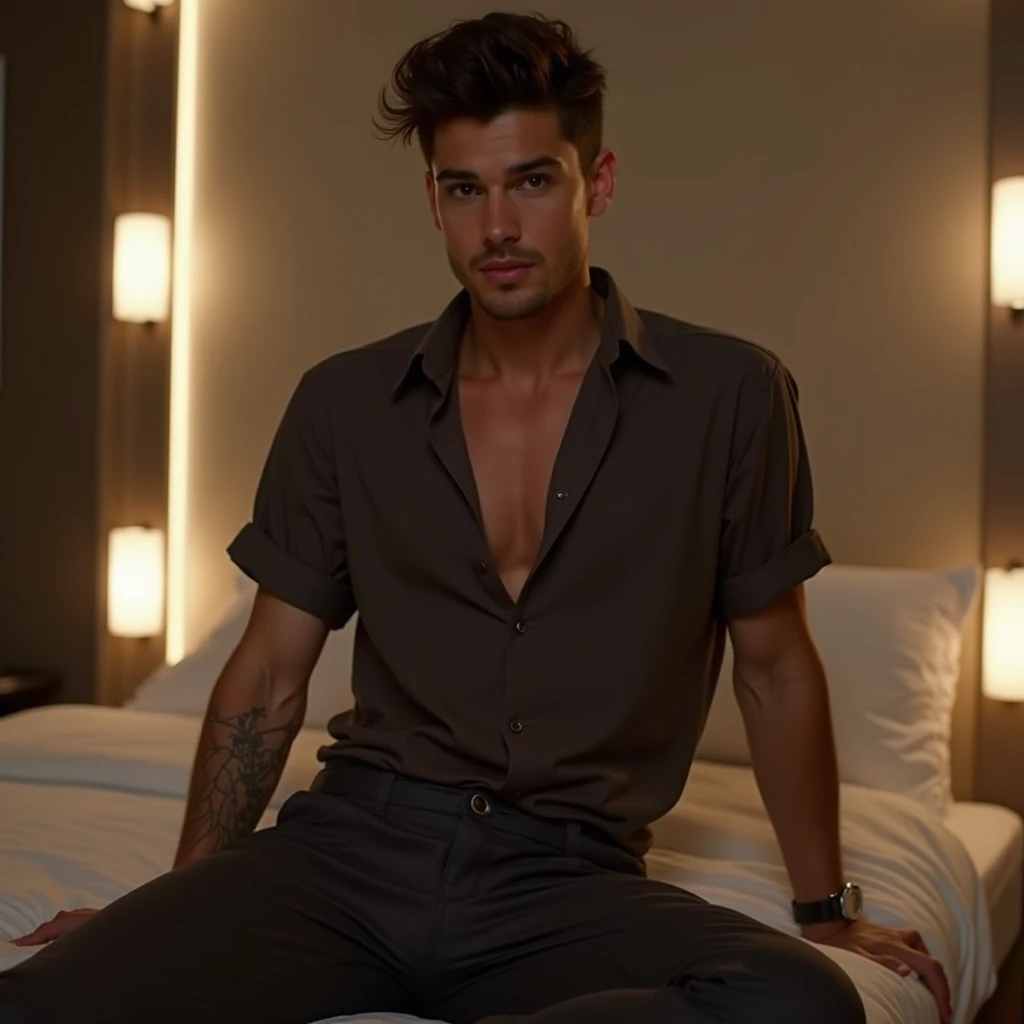 Autralian man in a black shorts posing for a picture, 21 years old, sexy face, jaw dropping beauty, he is shirtless, sexy look at the camera,