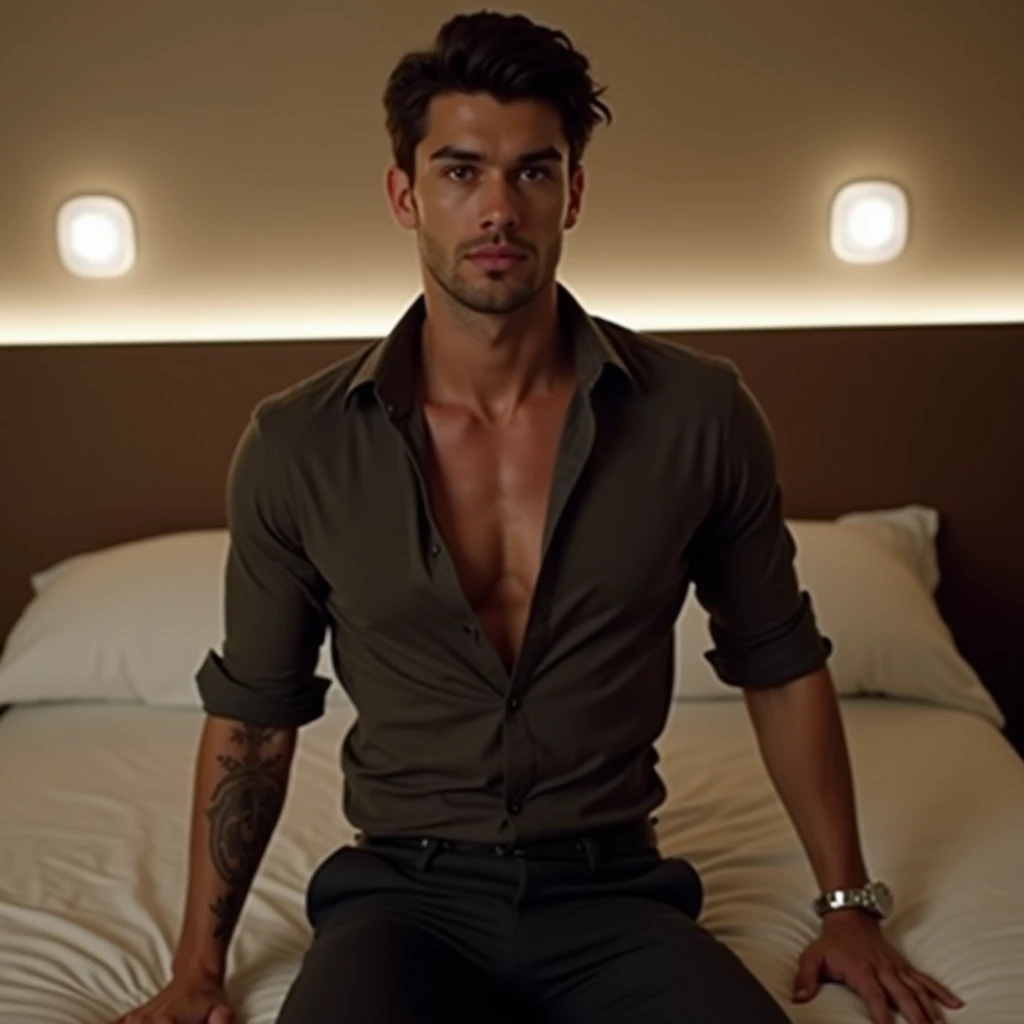 European man,sexy, 25 years, black hair,combed back, blue eyes, beautiful smile,hairless face,aesthetic body, sweaty body, shirtless,red boxer,prominent lump, open legs, with your hands up behind your head (prominent lump) high quality,Lots of quality,he's lying down in his room,In his bed, luxurious,modern, front view,camera further away, open legs,sexy,very large lump,frontal, open legs,very big penis,boxer calvin klein red color,pain in the abdomen