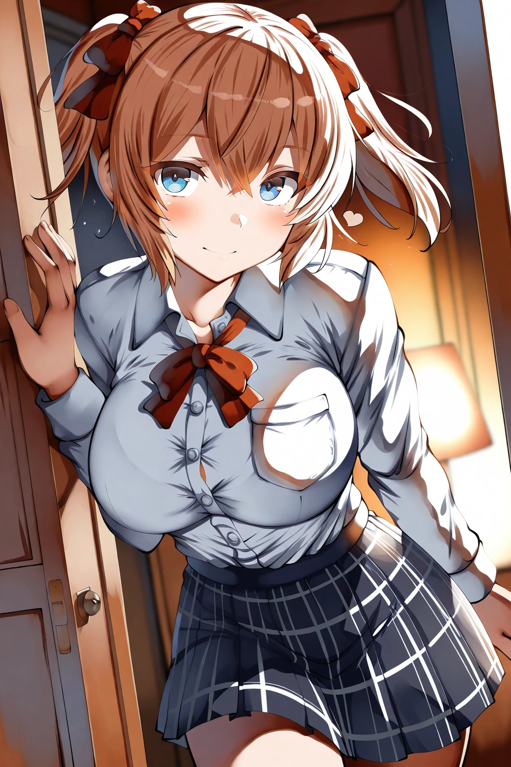 best quality, artbook, 1girl, cute, shame, POV, Audience oriented, kiryuu mizuha, (brown hair, short hair, hair between eyes, blue eyes), cleavage, hairclip, school uniform, pink jacket, white shirt, miniskirt, checkered skirt, socks, open clothes, (skirt lift by myself:1.2), (school), <lora:mizuha:0.7>, <lora:add_detail:0.5>