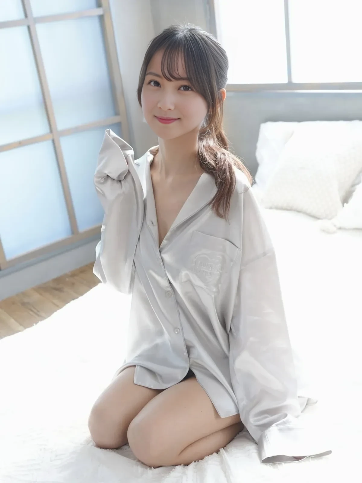product quality, 1girl, upper body shot, front view, a Japanese young pretty girl, long bob hair, sitting alone with a big smile on her bed in her luxury room in the night, glamorous figure, wearing a long sleeve and white collared silky satin shirt unbuttoned, shiny satin white panties, hyper cute face, glossy lips, double eyelids in both eyes, natural makeup, long eyelashes, shiny smooth light brown long bob hair, asymmetrical bangs, central image, high resolution, high detail, detailed hairstyle, detailed face, spectacular cinematic lighting, octane rendering, vibrant, hyper realistic, perfect limbs, perfect anatomy