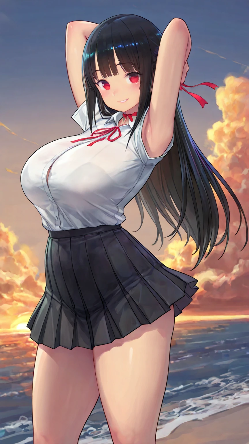 (top-quality、​masterpiece)、1girl in、A stunning、((A dark-haired))、barechested、(((Brown skin tone)))、sun burn、Mole、(((Colossal tits)))、large full breasts、Sheer areol、Sheer uniform、shool uniform、neck tie、I can see my chest a little、teats、The areol