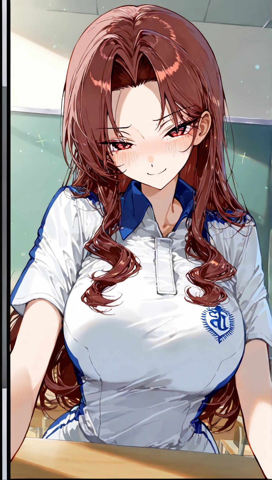 (((top-quality、masterpiece)))、1girl in、A stunning、(schools)、length hair、shinny skin、(((Colossal tits)))、large full breasts、Sheer areol、extra detailed face、Sharp details、Perfect litthing、Jim Cross、(gym shorts)、red eyes、wingspan、(Gym Uniforms)、(((A dark-haired)))、(shortpants)、jaket、a choker、、(((poneyTail)))、hair between eye、red blush、The shirt、white shirt、Track jacket、Mole under the eyes、bangss、thighs thighs thighs thighs、long-sleeve、is standing、Hasumi\(blue_archive\)
