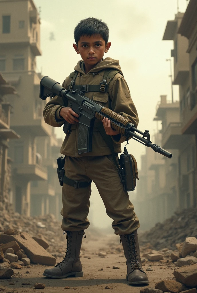 Make a kid having ak-47 and make a flag of tiger stripes with nameaqqq "OMC Organization of Muslim Childrens " standing in front of many army kids
