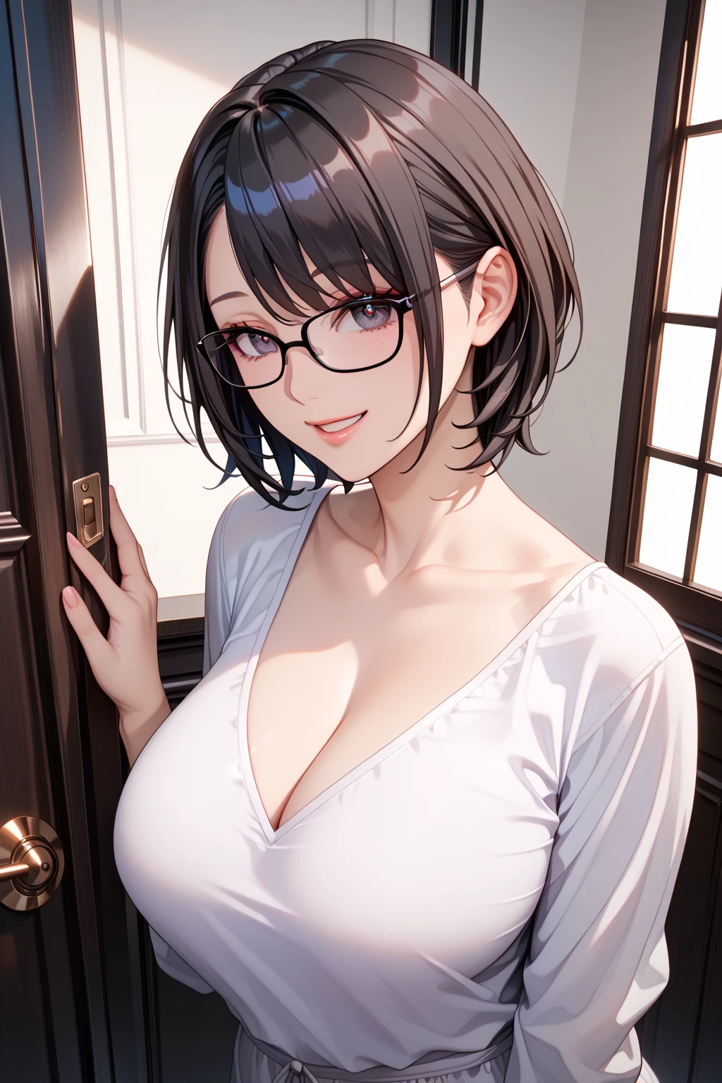 Amazing portrait of a cute and sexy woman with her black hair in a short bob hairstyle, cute but seductive eyes, perfect pink lips parted wearing glasses, long earrings, a loose oversized white t shirt falling off her shoulder emphasizing her bare shoulder and her medium chest seductively
