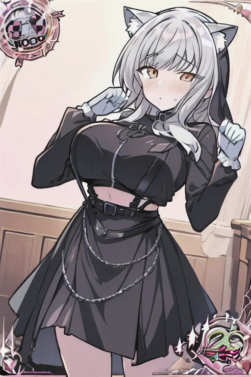 1 girl, game CG,((cute goth loli)),big breasts,((White and black goth  clothes、cleavage)), black hair, long hair, straight hair,  black eye, ((embarrassed face)),((Pose embarrassingly)),