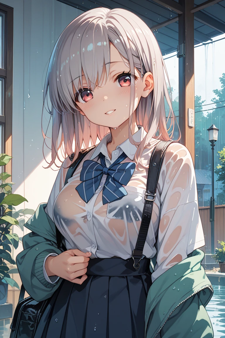 (masterpiece, best quality:1.5), (ultra detailed, high resolution, 8k, beautiful detailed, UHD, best anatomy), 1 cute elf, white hair, small breasts, business shirt, Flared skirt, Rain soaked my whole body and clothes, Wet from the rain, her underwear is showing through, A troubled expression, outdoors, taking shelter from rain