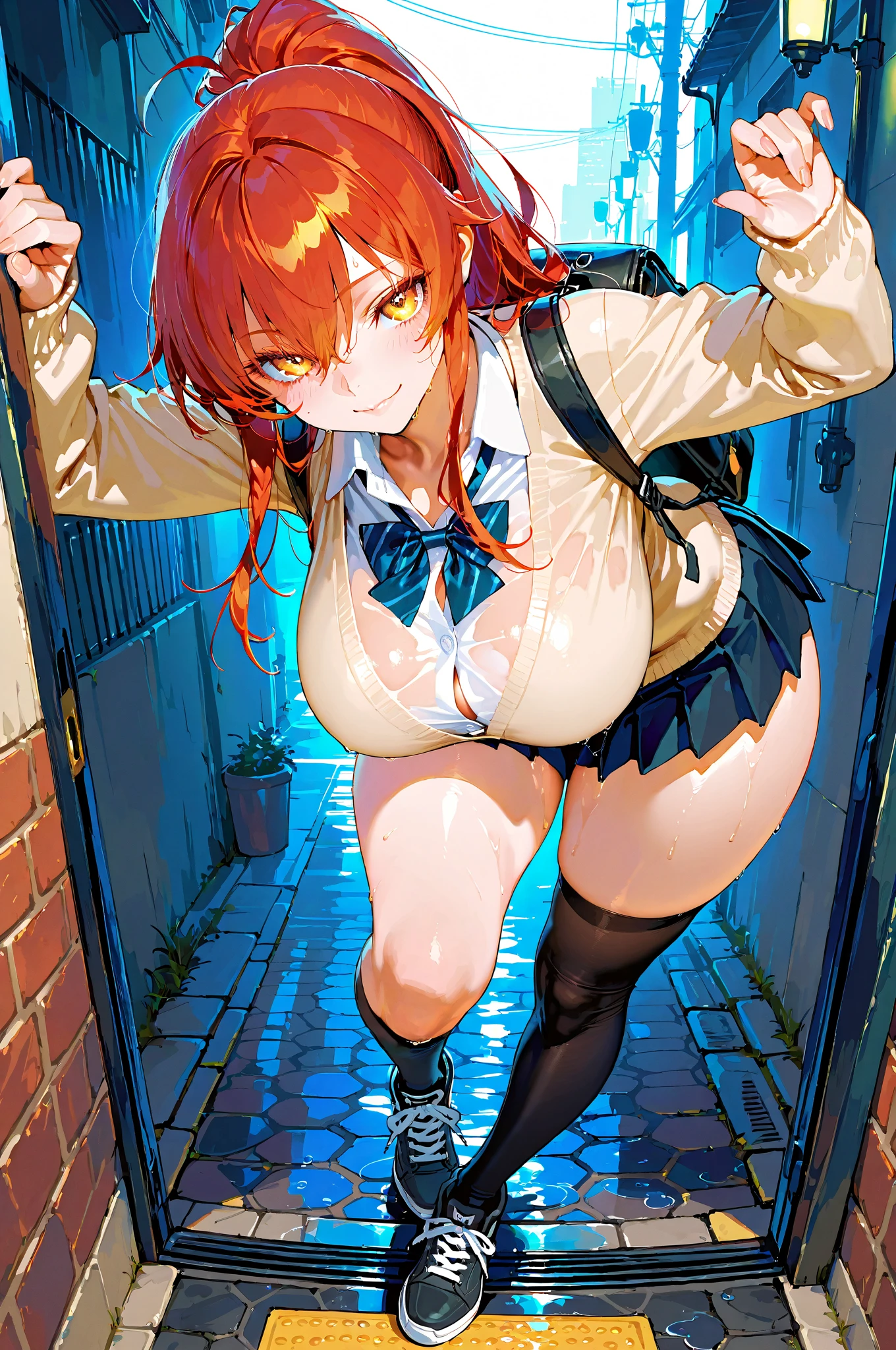 surrealism, Anatomically correct, masutepiece, Textured skin, Super Detail, high details, Best Quality, awardwinning, hight resolution, 8K,wide Shots,Full Body Magic School Uniform,19-year-old woman, makima, red hair, Control glasses,water magic,Girl manipulates water、There is a blue magic light in the hand, Use the magic of water,Blue light water magic from the hand of a girl extinguishing flames,Water Girl Fight,There is a big fire in the city,Flames looming over the city,((small tits,Thin leg,skinny thigh)),slim figure,extremely detailed eye and face、beatiful detailed eyes,Realistic High School Girl,Cute little girl s,Beautiful skins,Beautuful Women,finely detail、The tip of the hand is affected by the magical blue light of the water、Water gathers in hands with blue light, red hair, no panties
