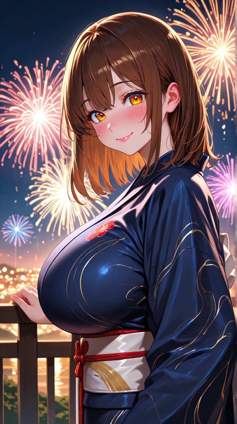 masterpiece, Highest quality, Mari Illustrious, One girl,Beautiful Eyes,Dark brown hair,yukata,Upper Body,Open chest,sexy,Big Breasts,Fireworks display